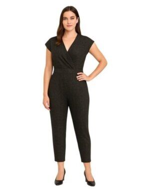 One Clothing Large Jumpsuit Black Silver V-Neck Chevron Pattern Stretch Sparkle